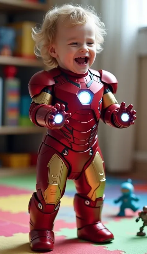 A playful scene of a toddler Iron Man wearing a mini version of the iconic red and gold armor, with glowing eyes and a tiny arc reactor on their chest. They are giggling while pretending to shoot repulsor beams from their small hands, standing on a colorfu...