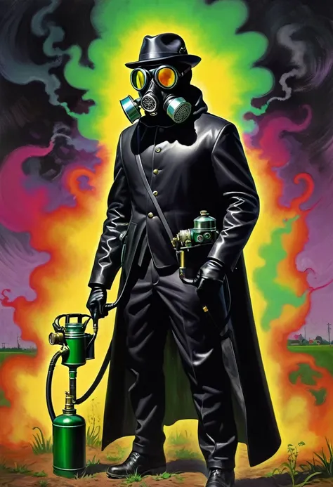 Mad Gasser. Mad Gasser of Mattoon, Wearing a gas mask with tinted goggles, Black hat, black cape, tight black leather suit, Compact backpack sprayer, Whole body all black. Intense LSD art, Trippy Poison gas art