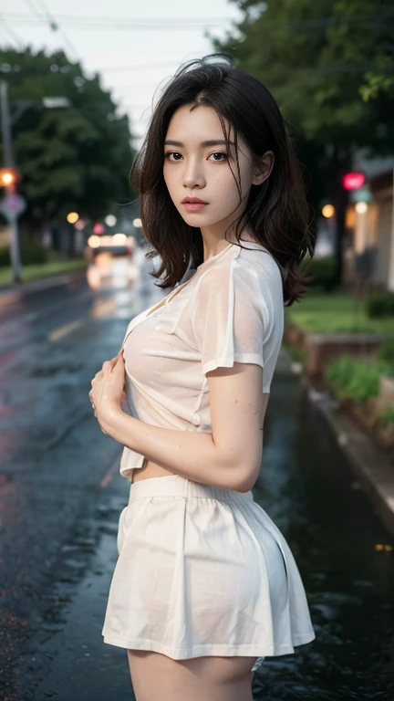 realistic, ultra detailed, whole body photo display, a 23 year old girl, wearing a very wet blouse and short skirt , no makeup, bare face, beautiful face, sweet face, hands :1.1, naughty expression, standing in middle of road, ((small breast, perfect round...