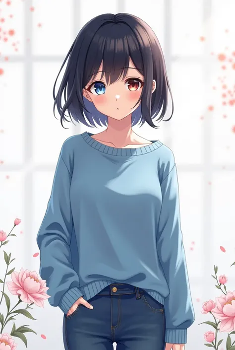 Young woman with heterochromia left eye color blue and right eye brown , short black hair with blue sweater and denim pants in a poze standing on a white background with flower ornament full body anime style