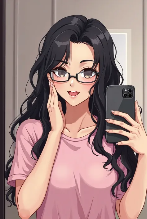  make an anime-style drawing 
Haikyuu and she is a 17-year-old Mexican girl , long wavy black hair and she is wearing glasses  , pastel pink t-shirt ,  is taking a picture in front of the mirror her right hand is holding her cell phone and with her left ha...