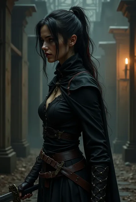 A woman with dark hair with a horse tail on the side, wearing black clothes and a leather belt, thieves clothes, a black cloth mercenary killer and carrying a sword, a medieval fantasy costume.