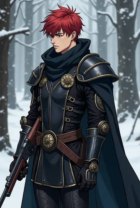  A man who wears steampunk metal clothes ,  looking like black armor ,  the armor seems to have been upholstered with skin to protect against the cold, as well as a black cover ,  the man has a serious face and has short red hair ,  seems to have a scar on...