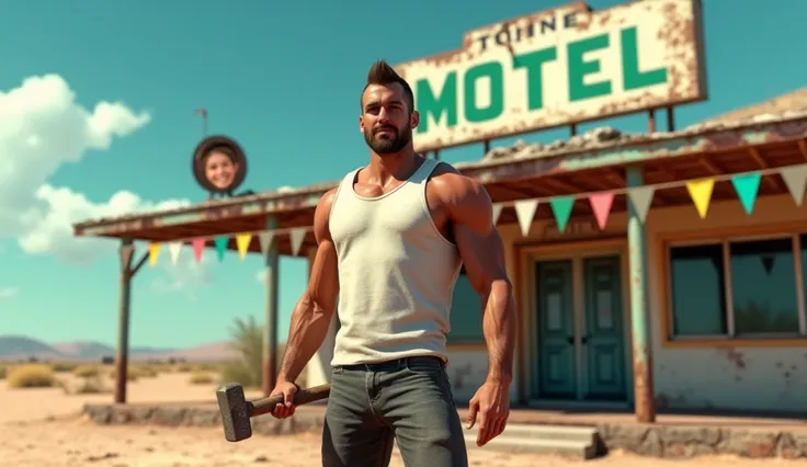 "Create a digital art scene of a man in a white tank top holding a hammer, standing in front of a run-down motel with a large green sign that says MOTEL. The building has a weathered appearance, with visible rust and worn paint, and is adorned with colorfu...