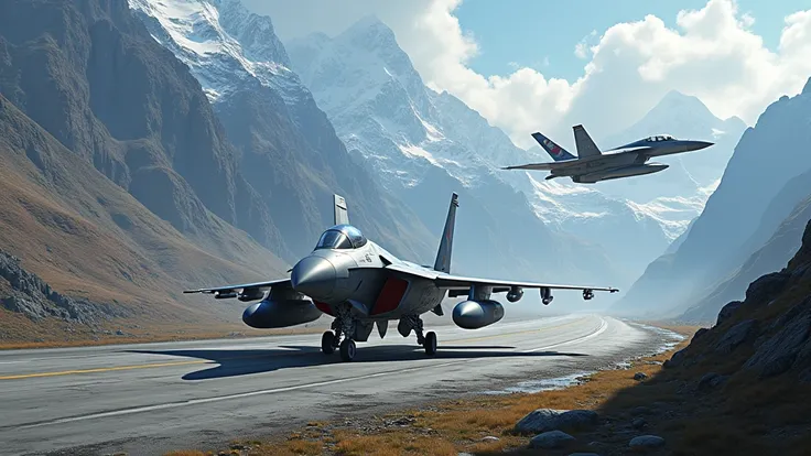 Ace Combat Zero is parked at an air base in the mountains, focusing on refueling an angle fighter close to the F-15C Eagle