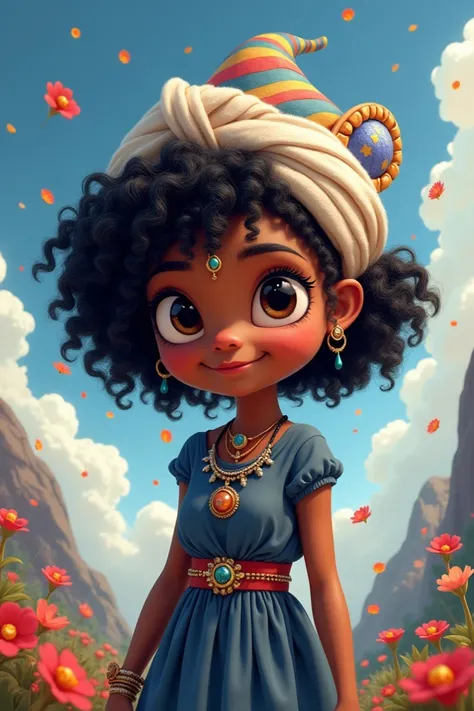 Cartoon character of a black witch with curly hair and white turban