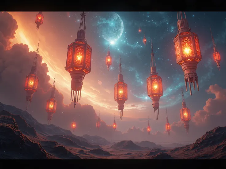 Many lanterns of very futuristic shapes floating in a very beautiful cosmic space. dynamic camera work.  scene from a great science fiction movie . realistic,  large advertising image 