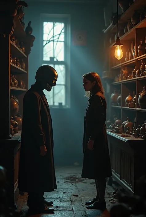  Interior of the antique store :  shelves crammed with sinister-looking and dusty objects .  A stuffy environment illuminated only by a pendant lamp that casts distorted shadows across the walls . The camera focuses on Ana ,  with an expression of curiosit...