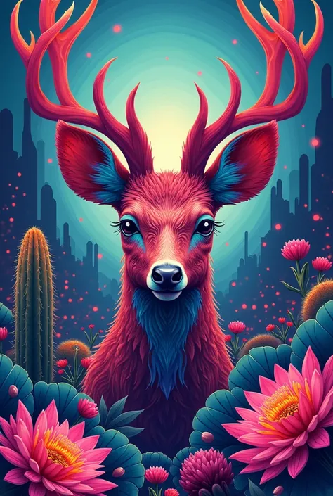 Illustration of a colorful fronted deer bust with cactus and psycodelic colored flowers 