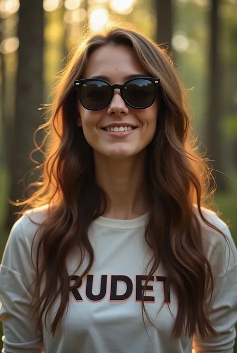 beautiful 25 year old woman with long hair, closeup, wearing sunglasses, long-sleeved t-shirt, with the words, "RUDET"beautiful 25 year old woman long hair, closeup, wearing sunglasses smiling, perfect color, photorealistic, background, very beautiful fore...