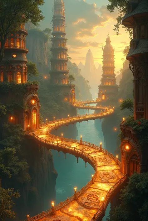 NewFantasyCore,  A labyrinthine city built entirely from floating islands of amber and glass, each drifting in synchrony to the rhythm of celestial tides, connected by shimmering bridges of light, and inhabited by creatures with glowing, gemstone eyes. Sty...