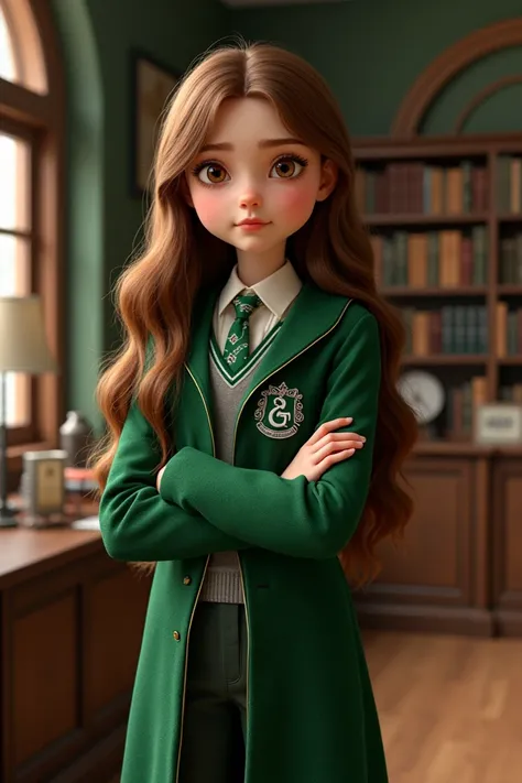 A Disney Pixar style girl ,  white skin ,  brown eyes,  long hair, brown and wavy,  dressed in Slytherins Harry Potter uniform.
this cross-armed,  staring intently.
 In the background some books and some positions. 