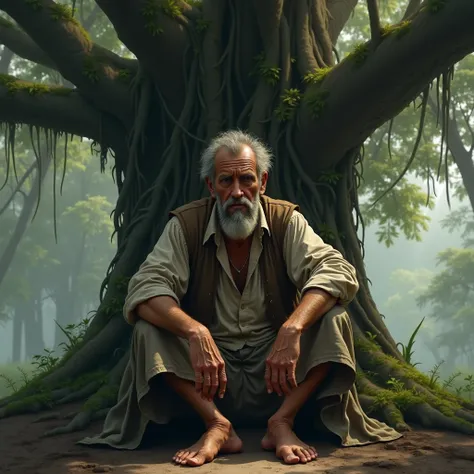 Create an emotional image of the lazy man sitting alone under the banyan tree, looking regretful. His clothes look worn, and his face reflects sorrow and realization.  
