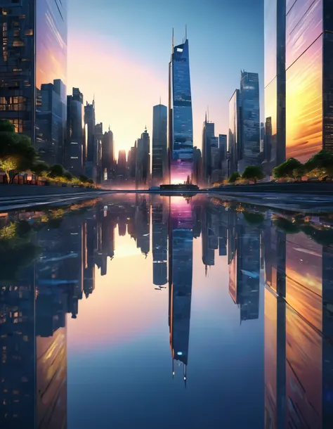 City Skyline, The amazing reflection of the city in the water  ， City Skyline景观, Reflections in the water, Mirror buildings,  skyscraper directly above, Creating a tranquil atmosphere，Sunset:1.5,The sunset adds color to the scene 