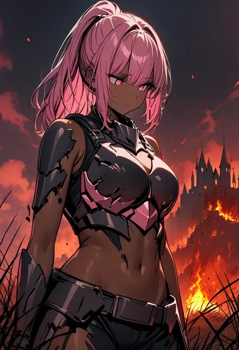 1 girl, pink hair, ponytail, dark skin, pink eyes, wearing a destroyed armor, looking down, behind her is a castle in flames, background a burning sky, and dead grass