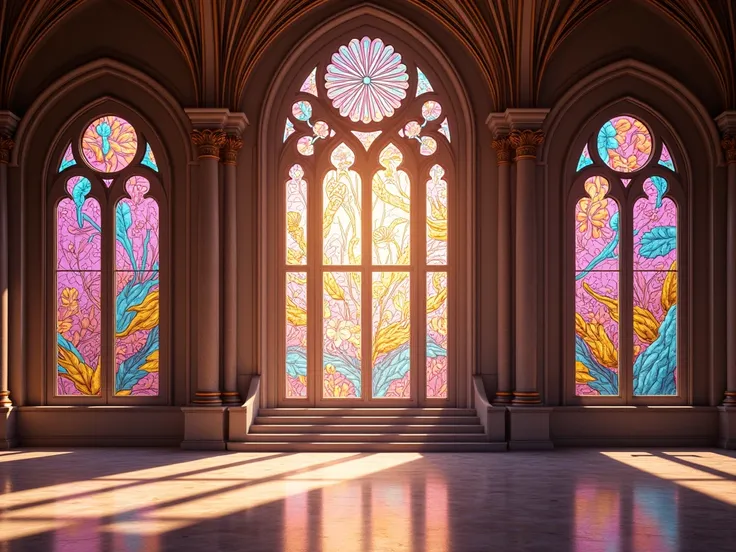 There were no people inside the beautiful stained glass wedding hall