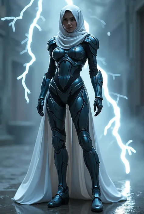 masterpiece, best image, RAW, extremely detail, cyberpunk, hijab, white lightning, mature stunningly beautiful woman, futuristic armor, fullbody photo, intricate pose, detailed curved body, detailed legs, exudes the courageous