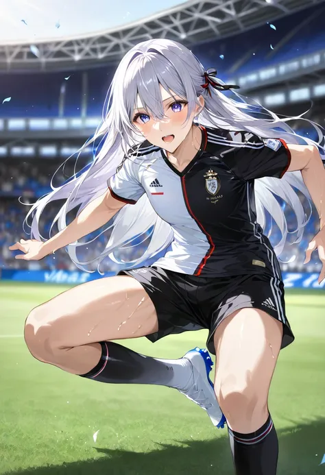 masterpiece,  best quality,   super detailed , Sparkling Eyes,  beautiful detailed eyes, The character is captured in the middle of a soccer game, possibly in the midst of a kick or dribble. They are wearing a white and black soccer uniform, complete with ...