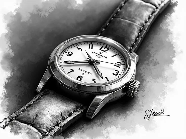 Create a black and white sketch scene where you look at a watch from a short drama film