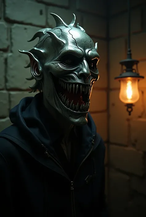 A metallic horror mask in A stuffy environment illuminated only by a pendant lamp that casts distorted shadows across the walls. 