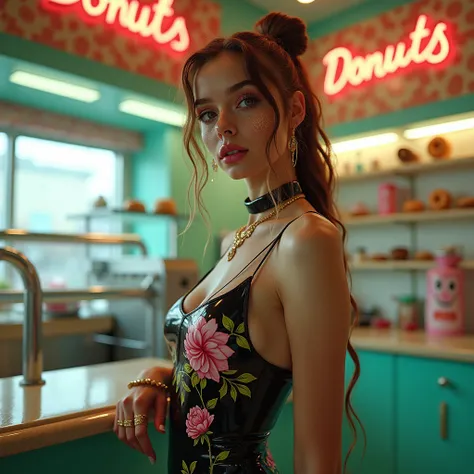 A cute scandinavian teen model posing in a donut shop, wearing a skin-tight black and cream white latex gown with neon floral accents details, slim skinny supermodel body with super long legs and skinny waist, extremely detailed oily wet skin, gold glitter...