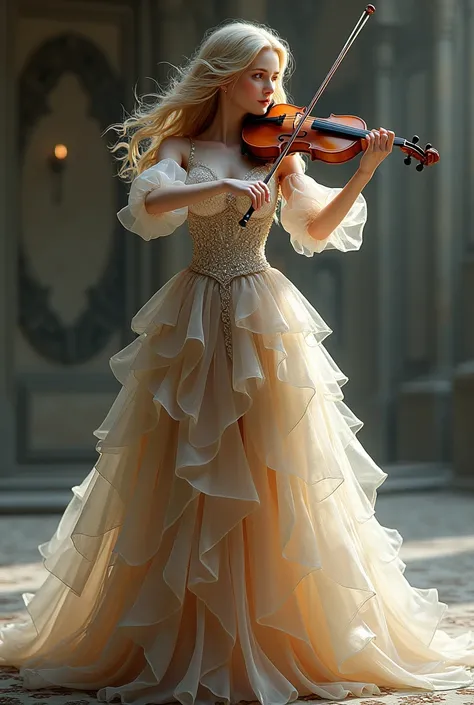 3d character design , full body view,  A beautiful woman,  wavy blonde hair ,  wearing flowing layered epic dress,  plays violin with expressive face , 