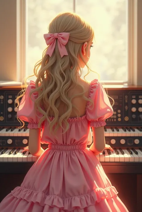 Create an image of a  girl in a pink-pink sleeve dress, pele morena,  long light brown and wavy hair, Playing electronic organ, with hair slightly tied by a bow , Look from the back when touching 