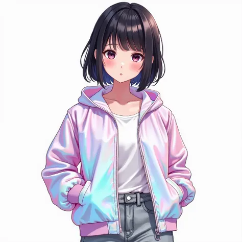 High quality, amount of drawing, pixiv illustration, PVC Jacket, aurora jacket, Beautiful young girl, Black hair, Short hair, aurora fabric, hologram article,aurora seat jacket, White undershirt, light gray jeans,Looking Front,Transparent Background, 8k