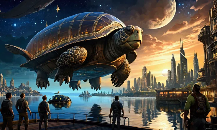 The crew of an airship cheer as they see a fantastic clockwork city nearby, it is reflected in all its splendor in the water, the city is built atop the shell of a giant mecha tortoise in the ocean, starry night
