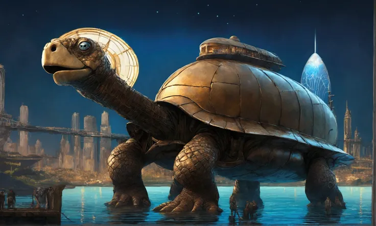 The crew of an airship cheer as they see a fantastic clockwork city nearby, it is reflected in all its splendor in the water, the city is built atop the shell of a giant mecha tortoise in the ocean, starry night
