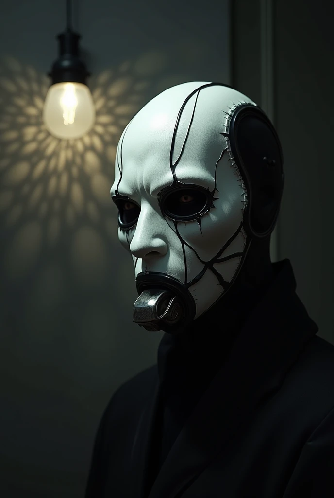 A white mask with details of black lines around the eyes and metallic mouth in An environment illuminated only by a pendant lamp that casts distorted shadows across the walls. 