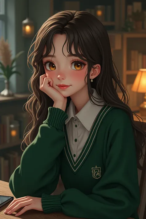 A white-skinned anime-type girl ,  brown eyes,  long hair, brown and wavy,  dressed in Slytherins Harry Potter uniform.
sitting,  with her hand on her face smiling. 
 In the background some books , Some positions ,  background type of night . 