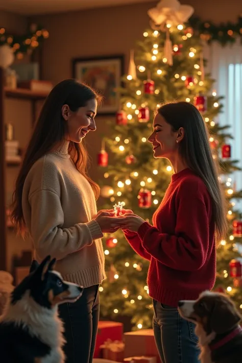 House with Christmas decoration , A couple of women ,  one placing a ring in the others hand and 3 dogs flipping cans around the Christmas tree