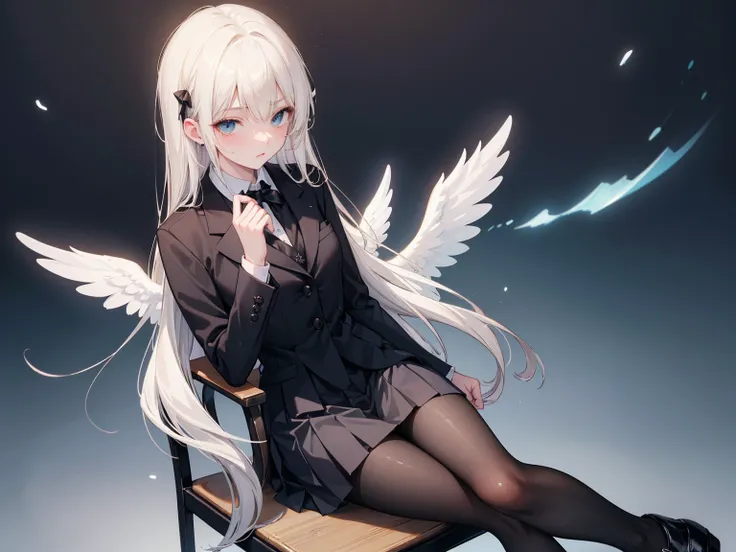 (( masterpiece )), (Smooth skin ), ((high detail)),    won the Best Quality Award  , 8K,     pretty girl ,    suit jacket， White Shirt ， black pleated skirt   ,    Black Pantyhose , Black leather shoes,   full body portrait，   sitting in a chair  ,Holding ...