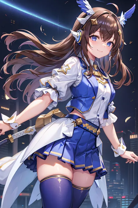  and smiles 、mecha wing、Thighs、tights、chest、 Shiny Brown Hair 、 white shirt, Blue vest,  1 girl、 solo girl 、 headphones、Idol、 blue skirt 、mecha girl、 I have a sword、sword、West Cape,