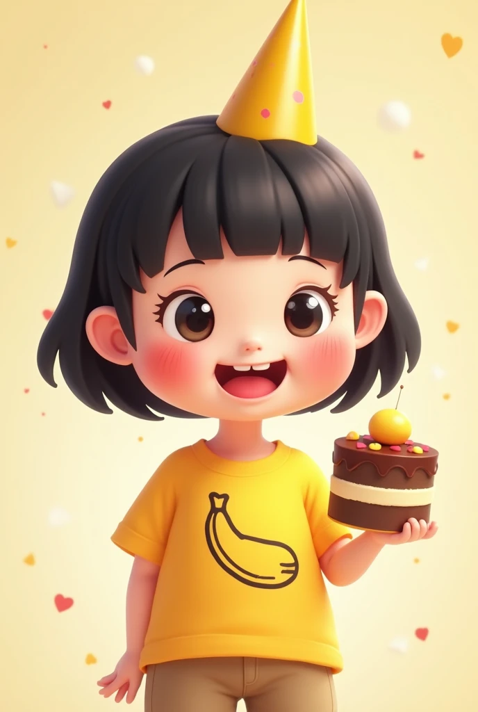 "A cute Chubby Girl with a round face and a joyful smile. Big Eyes , A cute Chubby Girl has Bang short black hair and rosy cheeks, wearing Yellow T-shirt with a banana design on it. Hold Cake party, " 2d cartoon , full body , light background