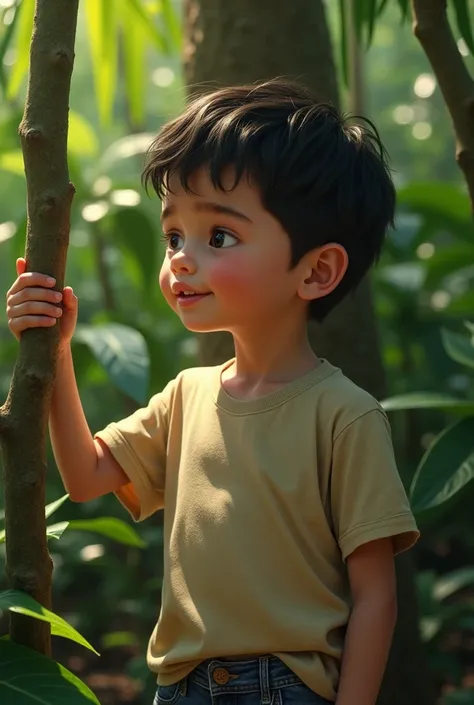 Realistic close-up shot of the face of a  white-skinned Venezuelan boy with black hair from the state of Guarico wearing denim shorts and beige t-shirt standing next to a tree in a tropical jungle, listening attentively to an inner voice 