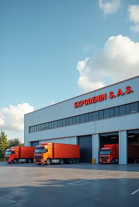 Create an image of a company with the administration building and next to it the large production factor where you can see trucks with containers and that the name of the company appears on the administration building and is called "EXPODENIN S .a.S" 