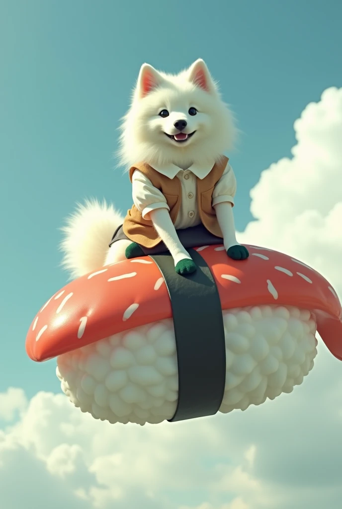 (( best quality)), ((masterpiece)), ((photograph)),  Real female Samoyed wears an off-white collared short-sleeved shirt, a light brown vest with a closed front, a knee-length black skirt, dark green socks, and black shoes、Female Samoyed flying in the sky ...