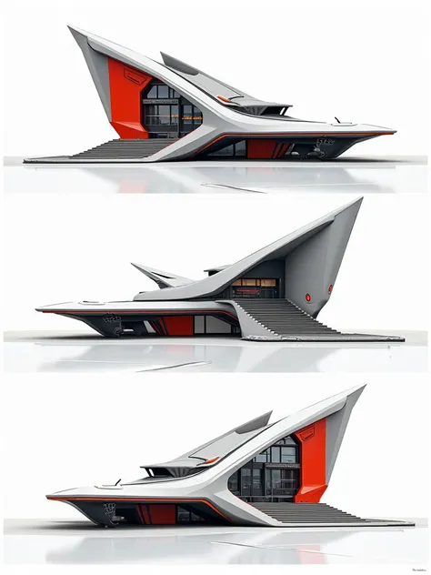 Colored futuristic building, view(front, side, back), big size, wide type, in white background