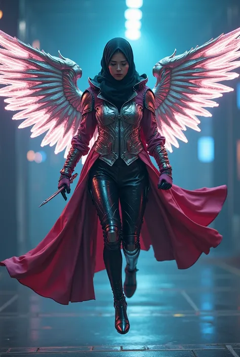 masterpiece, best image, RAW, high resolution, colorful hdr, extremely detail, cyberpunk, hijab, white lightning, mature beautiful woman, futuristic colourful shiny armor, coat, metallic wings, fullbody photo, detailed curved body, detailed legs, assassin ...