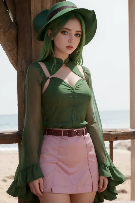 disgustSDXL,1girl,green eyes,green hair,green dress,green skin,belt,pink kerchief,cowboy shot,pink lips