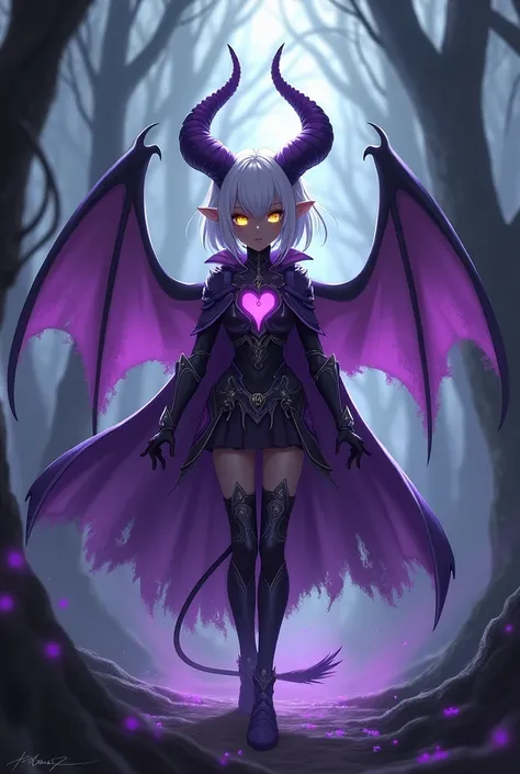 Tanned black skin. Dark elf girl. White hair. small hair. Heart ahoge. Yellow eyes. Small chest. Clothes: demon horns, demon tail, demon wings , full armor purple Mystic magic purple powder Scenary: dark forest , anime realistic style