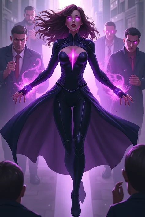 A superhero , dark chestnut,  with a black and dark purple costume ,  have to have a long skirt in the back and cut in the front not a cape and that dont look like Natasha Romanof,  that are not so covered up  ( I mean her clothes )  her powers come throug...