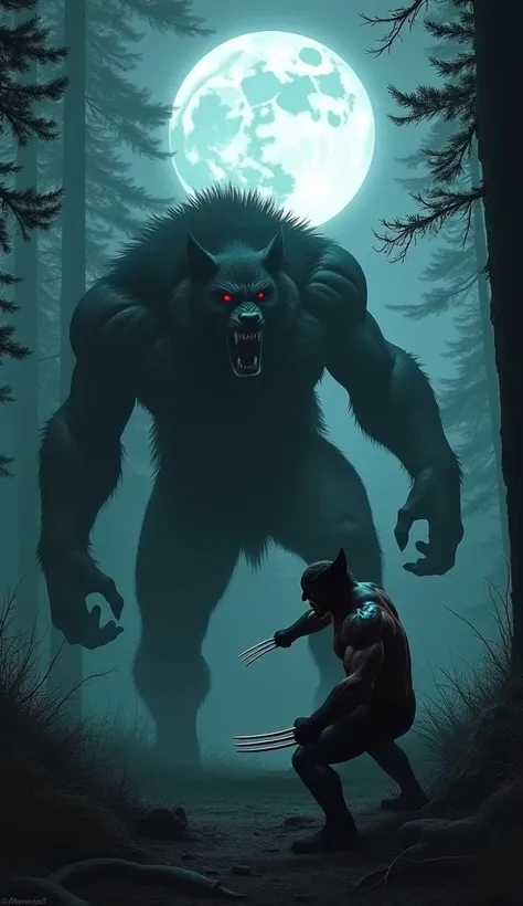 .Wolverine, claws extended, snarls at a massive werewolf under the light of a full moon in a dense, foggy forest. The werewolf crouches, ready to pounce, its glowing red eyes locked on Wolverine. Shadows and moonlight create an eerie, cinematic vibe.