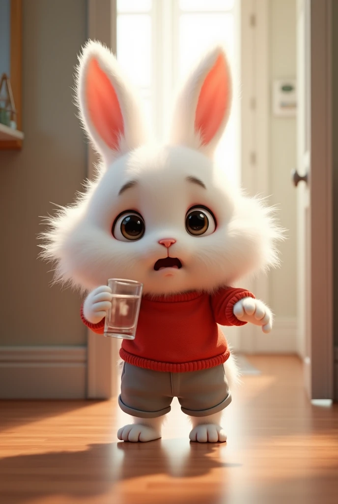 A 3d pisar style cute white rabbit cub with a large fluffy mane and expressive scared and scary eyes, wearing a red shirt and grey Shorts coming to room from kitchen and on his hand a glass of water 