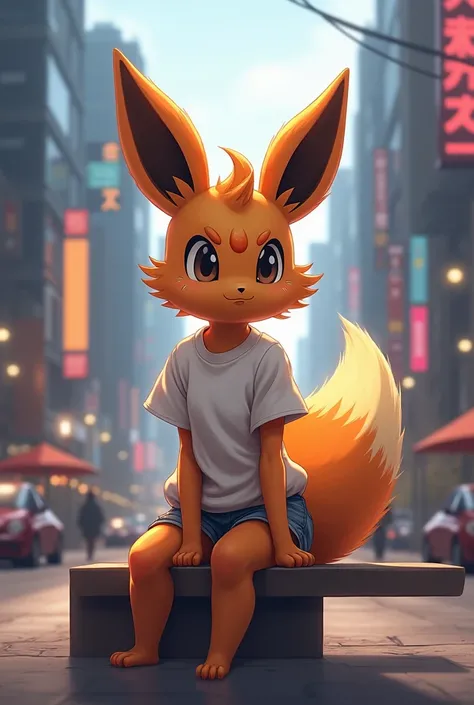 score_9, score_8_up, score_7_up, source_furry, (digital artwork, digital art, well shaded artwork, depth)1.2, 1girl, female, furry, anthro, flareon, solo, fluffy, fluffy fur, downtown city setting, sitting in bench, petite figure, small breasts, wide hips,...