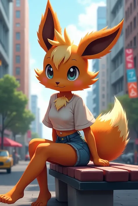 score_9, score_8_up, score_7_up, source_furry, (digital artwork, digital art, well shaded artwork, depth)1.2, 1girl, female, furry, anthro, flareon, solo, fluffy, fluffy fur, downtown city setting, sitting in bench, petite figure, small breasts, wide hips,...