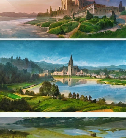 Detailed watercolor landscape painting ,  Pastel Colors , ((Medieval European cities reflected on the surface of the water)),（Descend on a tree，White Owl）Close-up，Quiet Lake,  Faint Clouds , Warm Sunlight , Mysterious atmosphere,  gentle brush strokes, Dre...