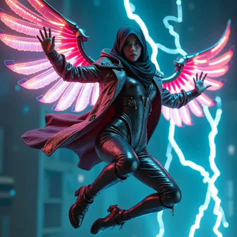 masterpiece, best image, RAW, high resolution, colorful hdr, extremely detail, cyberpunk, hijab, white lightning, mature beautiful woman, futuristic colourful shiny armor, coat, metallic wings, fullbody photo, detailed curved body, detailed legs, detailed ...